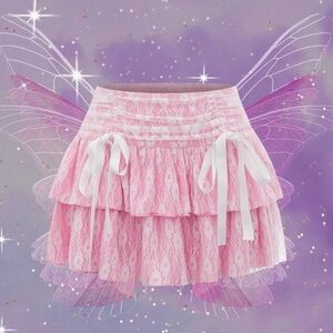 XL SHEIN MOD Knot Front Ruched Two Layer Hem Sexy Pink Lace Skirt Bows Kawaii